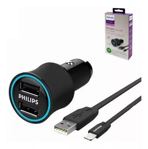 CABLE LIGHTNING + CARGADOR DE AUTO USB DLP2553 + DLC2508 PHILIPS